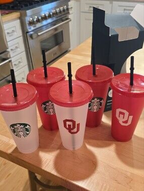 Starbucks Red & White Oklahoma University Logo Reusable 24oz Cold Cup Set Of 5